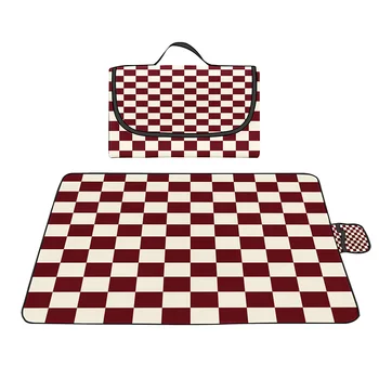 Одеяла для пикника Red Doodle в шахматном порядке Складное одеяло для кемпинга на открытом воздухе, Водонепроницаемый Пескостойкий коврик для летнего пляжа, парка, травы