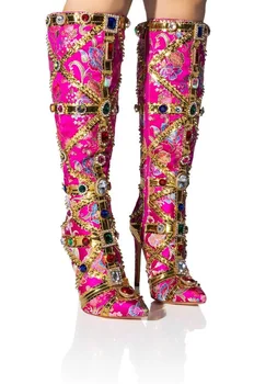 осенне-зимние модные сапоги для подиума с золотым швом и бриллиантами, вышивка в этническом стиле, женские ботинки большого размера