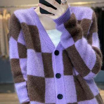 Осенне-зимний женский новый вязаный топ на пуговицах из 100% чистой шерсти, контрастный свитер с V-образным вырезом, Элегантный модный пуловер