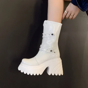 Осенние женские ботинки, женская обувь из спилка, сапоги на толстом каблуке с круглым носком, зимние современные ботинки, женские ботинки на платформе до середины икры