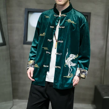 Осенняя мужская вельветовая рубашка с вышивкой в китайском стиле, рубашка с длинным рукавом, мужское пальто с воротником-стойкой на пуговицах, традиционная одежда эпохи Хань Тан