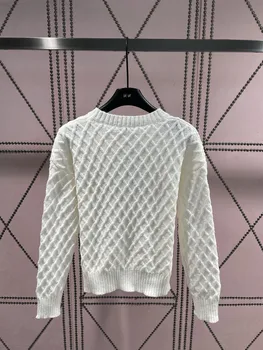 Осень 2023, Новая Контрастная вышивка с буквами, круглый вырез, длинный рукав, Приталенный Вязаный свитер в виде ромбов, Пуловер