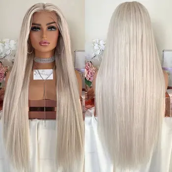 Платиново-белый парик из прямых синтетических волос на кружеве, высококачественное Термостойкое волокно, натуральная линия роста волос в средней части для женщин