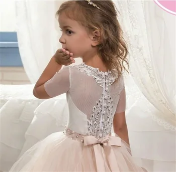 Платье с цветочным узором для девочки, Розовый Пушистый тюль, расшитое бисером, Белое кружевное свадебное платье в цветочек для первого Евхаристического дня рождения ребенка