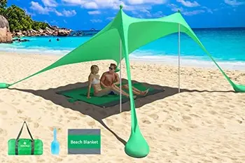 Пляжный Тент с Навесом от Солнца UPF50 +, Солнцезащитный Козырек размером 10x10 футов от Ветра с 6 Мешками с песком, 4 Устойчивыми Опорами, Одеялом и Переносным Траверсом