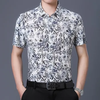 Повседневные рубашки из 80% шелка в гавайском стиле, мужские рубашки с коротким рукавом с обеих сторон, Китайский Национальный цветок 2023, Пляжная летняя одежда