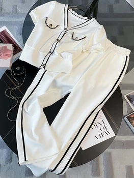 Повседневный спортивный костюм С короткими рукавами, женский Летний уличный костюм 2023, Однобортные топы с V-образным вырезом + брюки с эластичной резинкой на талии, комплекты из 2 предметов