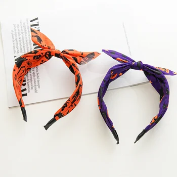 Повязки для волос на Хэллоуин с рисунком тыквы и летучей мыши, широкие повязки на голову с принтом Фестиваля призраков, веревка для волос, кроличьи ушки, обруч для волос с узлами