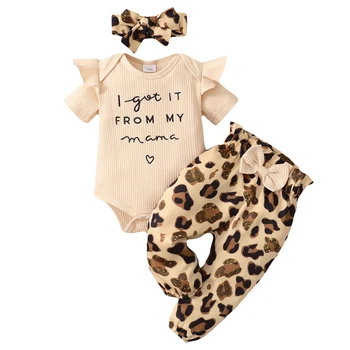 Подарок для девочки с мягким буквенным леопардовым принтом из 3шт. С повязкой на голову, Комплект детской одежды, ползунки, штаны, модный эластичный наряд