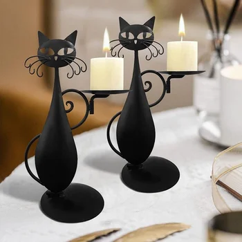 Подсвечник с черным котом для дома в стиле ретро в деревенском стиле Металлический подсвечник с котом для бара Свадебный декор для дома