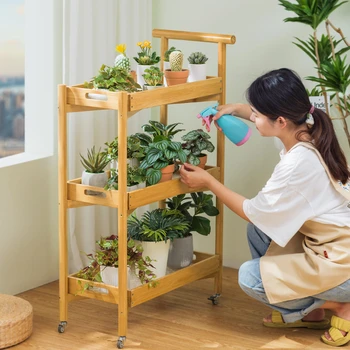 Подставка для растений, простая современная подставка для растений, двухслойная бамбуковая подставка для цветов, удобная мобильная полка, дизайн декоративного лотка.