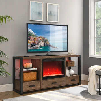 Подставка для телевизора, современный 60-дюймовый электрический камин, мультимедийная подставка для телевизора с синхронизацией красочных светодиодных ламп, каминный шкаф или используйте отдельно стоящий