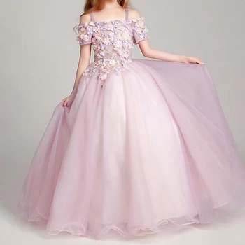Подтяжки, платье с цветочным узором для девочек, 3D аппликации, тюль для свадьбы, дня рождения, с открытыми плечами, элегантное бальное платье, платье для причастия