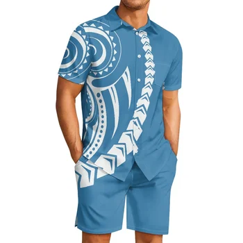 Полинезийская племенная Самоанская татуировка с тотемом, принты Самоа, Мужские комплекты из 2 предметов, синяя рубашка с коротким рукавом и отворотом, Пляжные шорты, костюм для отдыха