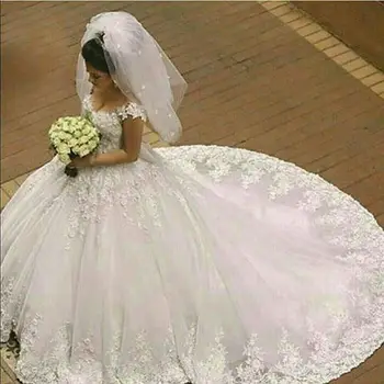 Популярное Кружевное свадебное платье с аппликацией с открытыми плечами, шлейф для часовни, Пышное бальное платье в виде сердца, Свадебные платья