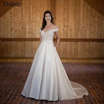 Потрясающие свадебные платья TIXLEAR для женщин, атласные платья А-силуэта с открытой спиной и открытыми плечами, великолепные свадебное платье