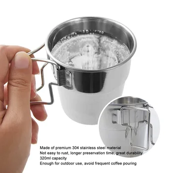 Походная чашка 320 мл, портативная металлическая кофейная кружка из нержавеющей стали со складной ручкой для пеших прогулок.