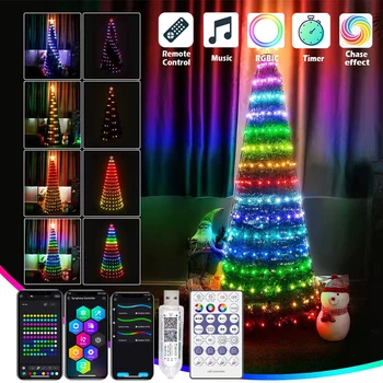 Праздничная лампа RGBIC 5/10 м, приложение Smart Control Light String, Bluetooth, Рождественское украшение, атмосфера на открытом воздухе, светодиодные ночные светильники