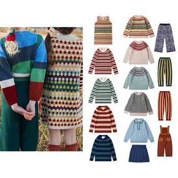 Предпродажный комплект для девочек 2023 Осень/зима, детский трикотаж в полоску в пасторальном стиле, свитер, Короткая юбка, брюки на ремешках, модный комплект