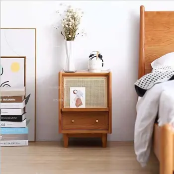 Прикроватные тумбочки из массива дерева и ротанга легкая роскошная мебель для спальни в скандинавском стиле, прикроватная тумбочка в японском стиле, небольшой шкаф для хранения