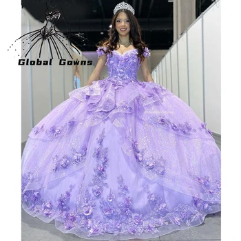 Принцесса Сиренево-Фиолетовое Бальное Платье С Открытыми Плечами, Расшитое Бисером Пышное Платье, Многоуровневые Вечерние Платья С 3D Цветами, Выпускное Платье