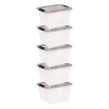 Прозрачный пластиковый ящик для хранения Stack & Pull ™ объемом 19 литров с пряжками, серый, набор из 5