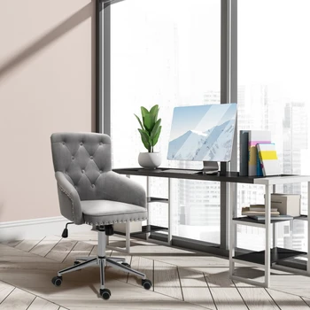 Простой Модный современный рабочий стул со средней спинкой и бархатной спинкой на пуговицах, вращающийся стул для домашнего офиса с регулируемой высотой
