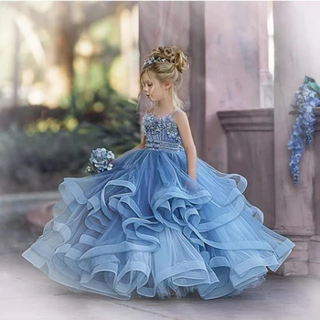 Пыльно-голубые платья для девочек в цветочек для свадебного наряда, детские праздничные платья, платье для Первого причастия из тюля с оборками