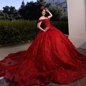 Пышное Платье с 3D Цветами, Красное Vestidos De 15, Пышное Платье 2024, Бальное Платье С Блестками и Бисером, Милое Платье на День Рождения 16