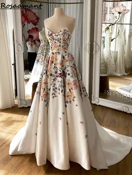 Реальное изображение Атласные свадебные платья с цветочным принтом, свадебные платья а-силуэта, без рукавов, в стиле бохо в стиле Кантри