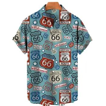 Ретро рубашка Route 66 Гавайские рубашки с 3D принтом американского флага, летние рубашки в стиле ретро, дышащая рубашка с коротким рукавом и отворотом для мужчин, топ