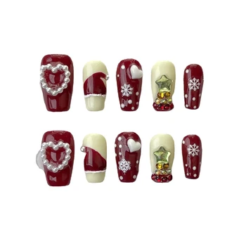 Рождественская тема, красные и белые накладные ногти, долговечный безопасный материал, водонепроницаемые накладные ногти в тон к платью горячей девушки.