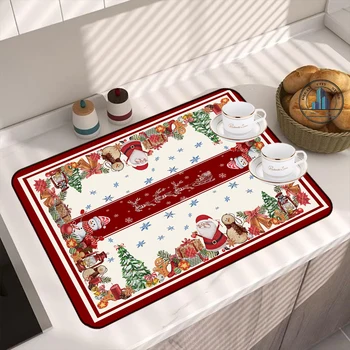 Рождественская тема Кухонный сливной коврик Суперабсорбирующий коврик для сушки посуды Быстросохнущие коврики для посуды, кофе, домашнего декора, салфетки, коврики для стола