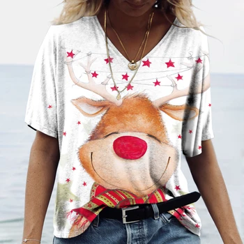 Рождественская футболка с изображением Лося, Футболка с 3D принтом Санта-Клауса, Женские Модные футболки С V-образным вырезом, Футболки с рисунком Оленя, Camiseta Femme