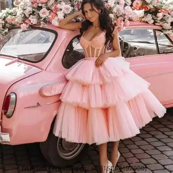 Розовое бальное платье С аппликацией из бисера, Вечерние платья для выпускного вечера длиной до колен, Многоуровневое вечернее платье в форме сердца с открытыми плечами
