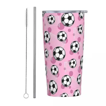 Розовый футбольный мяч Goal 20 унций Tumbler Футбольный термокружка для путешествий с вакуумной изоляцией с крышкой и соломинкой Кружка из нержавеющей стали
