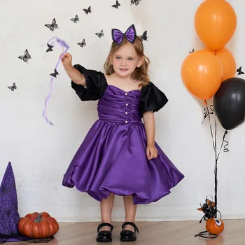 Ролевые игры для девочек на Хэллоуин С фиолетовыми атласными карнавальными вечерними платьями с короткими рукавами-фонариками, детская одежда для выступлений на сцене