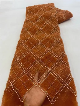 Роскошная кружевная ткань с африканскими бусинами 2023 Высококачественная кружевная ткань с вышивкой ручной работы из бисера для новобрачных Материал Wp15-1