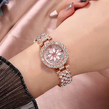 Роскошные женские часы из розового золота, модные женские кварцевые наручные часы с бриллиантами, Элегантный женский набор часов-браслетов для женщин Reloj Mujer