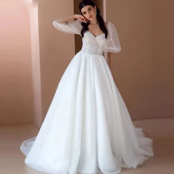 Роскошные Красивые свадебные платья с кружевными длинными пышными рукавами, сексуальные свадебные платья с квадратным вырезом и открытой спиной, сверкающие, для мытья посуды, новинка 2023 года