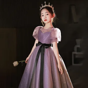 Свадебное вечернее платье для девочек-цветочниц Роскошного фиолетового цвета с бантом на поясе и рукавами-фонариками, платья принцесс, платья для празднования Дня рождения, торжественные платья