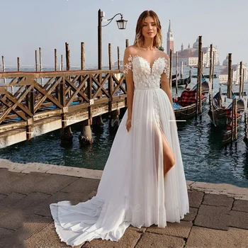Свадебное платье трапециевидной формы, белое, с открытыми плечами, без спинки, с кружевной аппликацией, с разрезом по бокам, по меркам Robe De Mariee