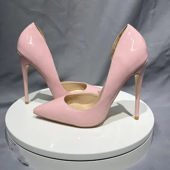 Светло-розовая женская обувь из лакированной кожи, сексуальные туфли на высоком каблуке без застежки с острым носком, женские удобные туфли-лодочки на шпильке 8 см, 10 см, 12 см
