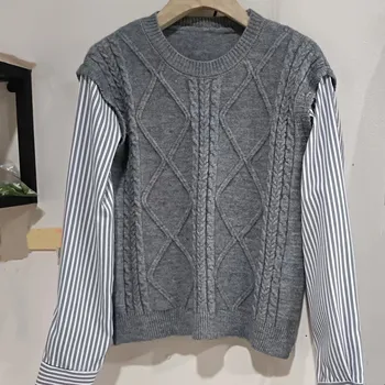 Свитера Korejepo Color Blocking 2023, Новая Поддельная Осенне-зимняя одежда из двух предметов, вязаный Повседневный Модный свитер для темперамента