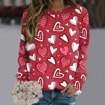 Свитшоты на День Святого Валентина для женщин, толстовка с буквенным принтом Love Heart, свободный круглый вырез, Графические пуловеры, футболки