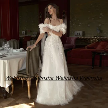 Сексуальное блестящее свадебное платье с открытыми плечами, Прозрачная аппликация из цветов, мягкий тюль, свадебное платье трапециевидной формы для женщин, невесты