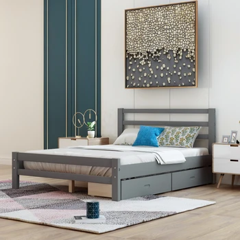 Серая кровать-платформа из цельного дерева с двумя выдвижными ящиками, легко монтируемая для мебели для спальни в помещении