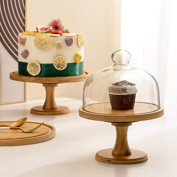 Тарелка для торта с высокой ножкой, Деревянный поднос, Подставка для фруктов, Подставка для десертного торта, Прозрачная Стеклянная крышка, Инструменты для украшения торта, Инструменты для выпечки