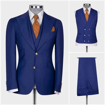 Темно-синий мужской костюм, пальто, брюки, жилет, комплект из 3 предметов, мужские костюмы, приталенный костюм, блейзер, Брюки, свадебная одежда, деловой костюм