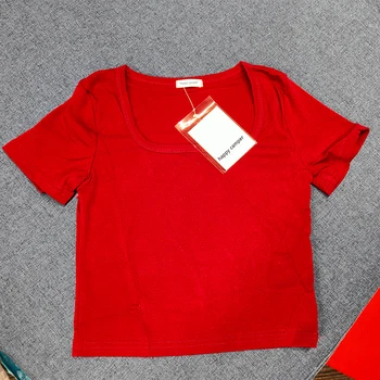 футболка happy camper, футболка с короткими рукавами, женский весенний темперамент, приталенный Ретро Короткий топ с открытым пупком и квадратным вырезом.